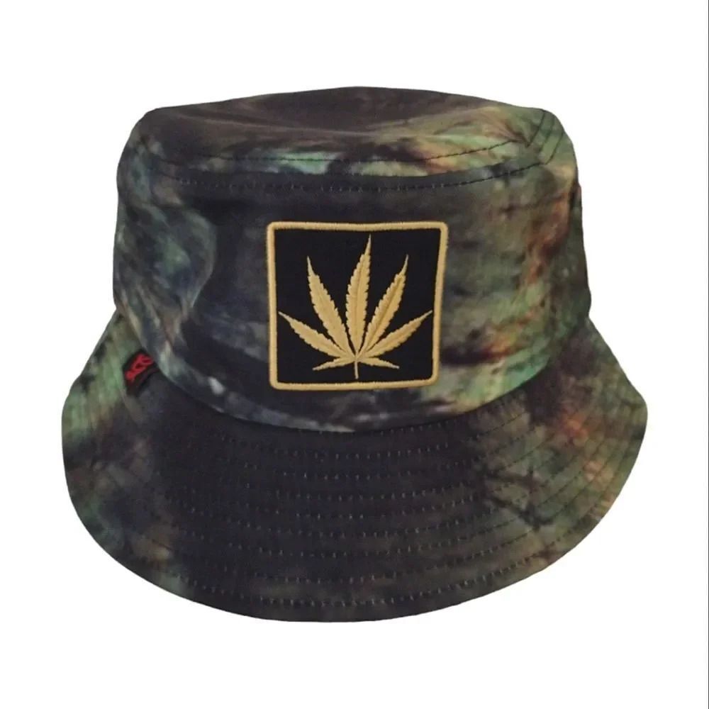 Y2K Green Camo Tie Dye Weed Leaf Embroidered Unisex Grunge Bucket Hat